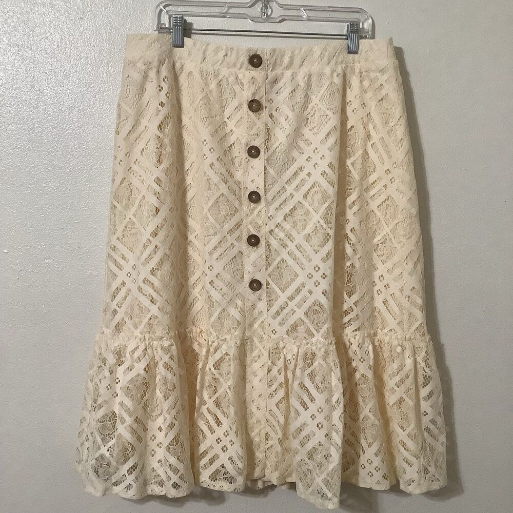NWT Est. 1946 Cream Lace Cottagecore Western Prairie Button Midi Skirt Large